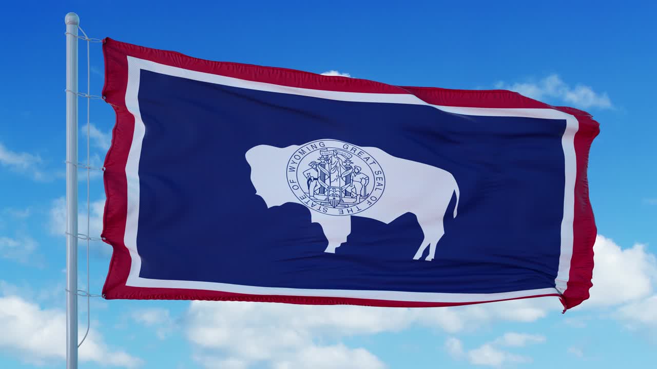 와이오밍의 발은 바람에 흔들리는 발 기둥에, 파란 하늘의 배경.