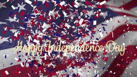 animation of gold text happy independence day and confetti falling over waving american flag