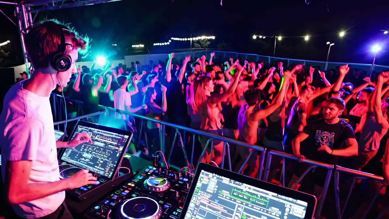 Tomada aérea de um DJ em uma festa vibrante ao ar livre, mixando faixas enquanto uma multidão animada dança