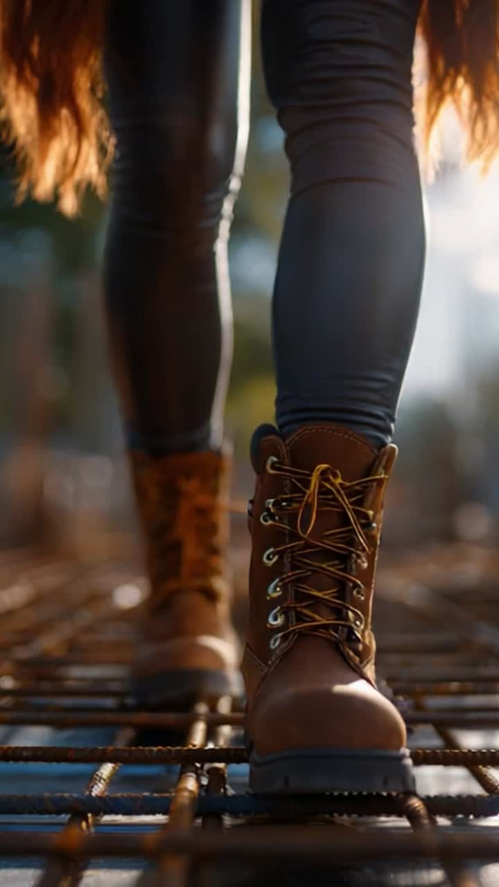 A close-up view of sturdy, fashionable boots on a construction site, showcasing quality craftsmanship and style while walking on rebar placement in the sunlight