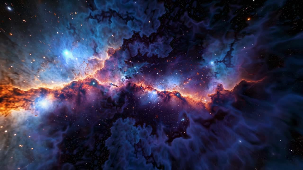 Un'affascinante scena cosmica con stelle e nebulose vivaci, ripresa da una prospettiva grandangolare