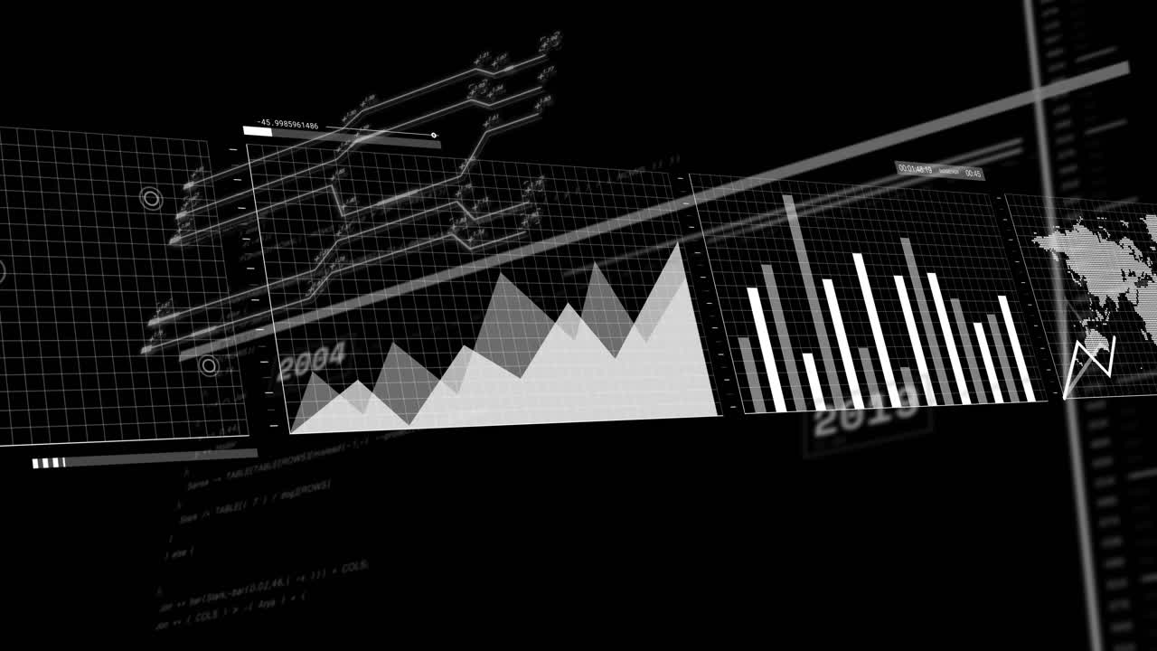 Animation of data processing and diagrams on black background