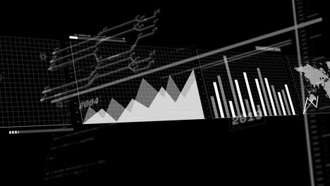 animación del procesamiento de datos y diagramas sobre fondo negro