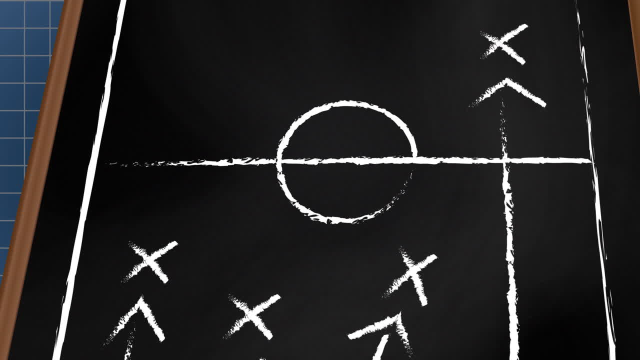 Chalkboard strategy animation showing soccer field with player positions and movements