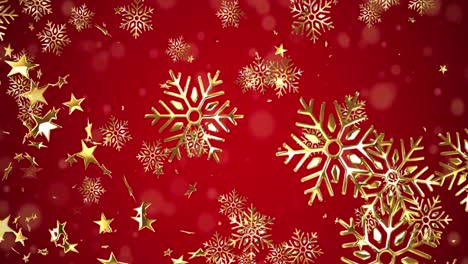 animation of christmas gold snowflakes falling on red background