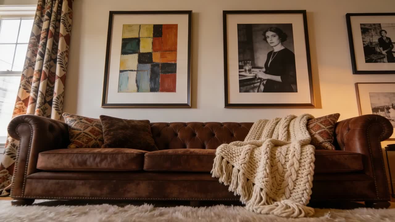 Vorwärtsfahrende Kamera, die ein getuftetes Sofa und eine grob gestrickte Decke im Wohnzimmer enthüllt, um Textur zu zeigen.