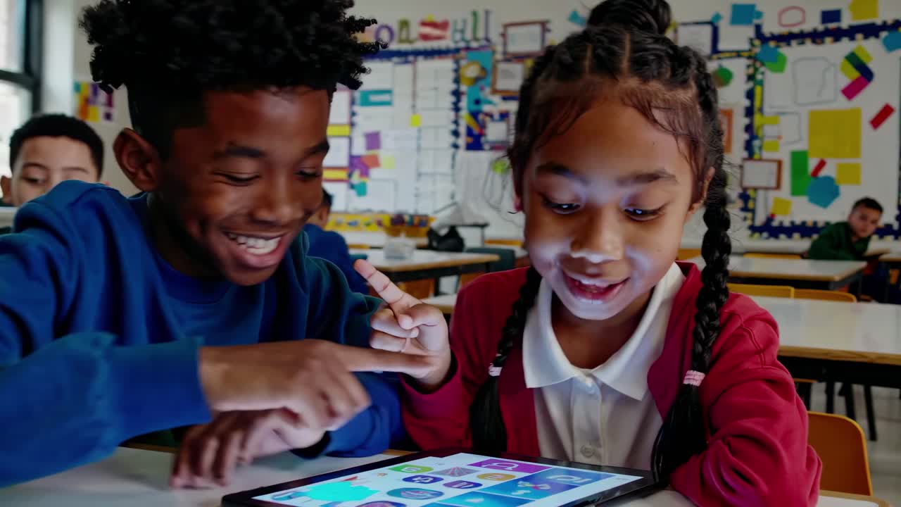 Two children in a classroom setting engage with a tablet, captured from a close-up angle