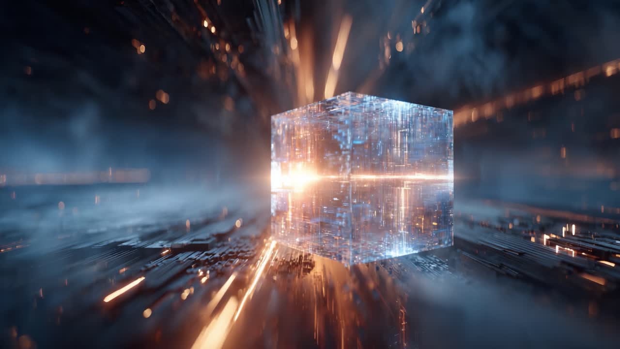 A Stunning Visual Journey Through a Futuristic Cubic Structure, Radiating Light and Energy in a Dynamic Digital Environment