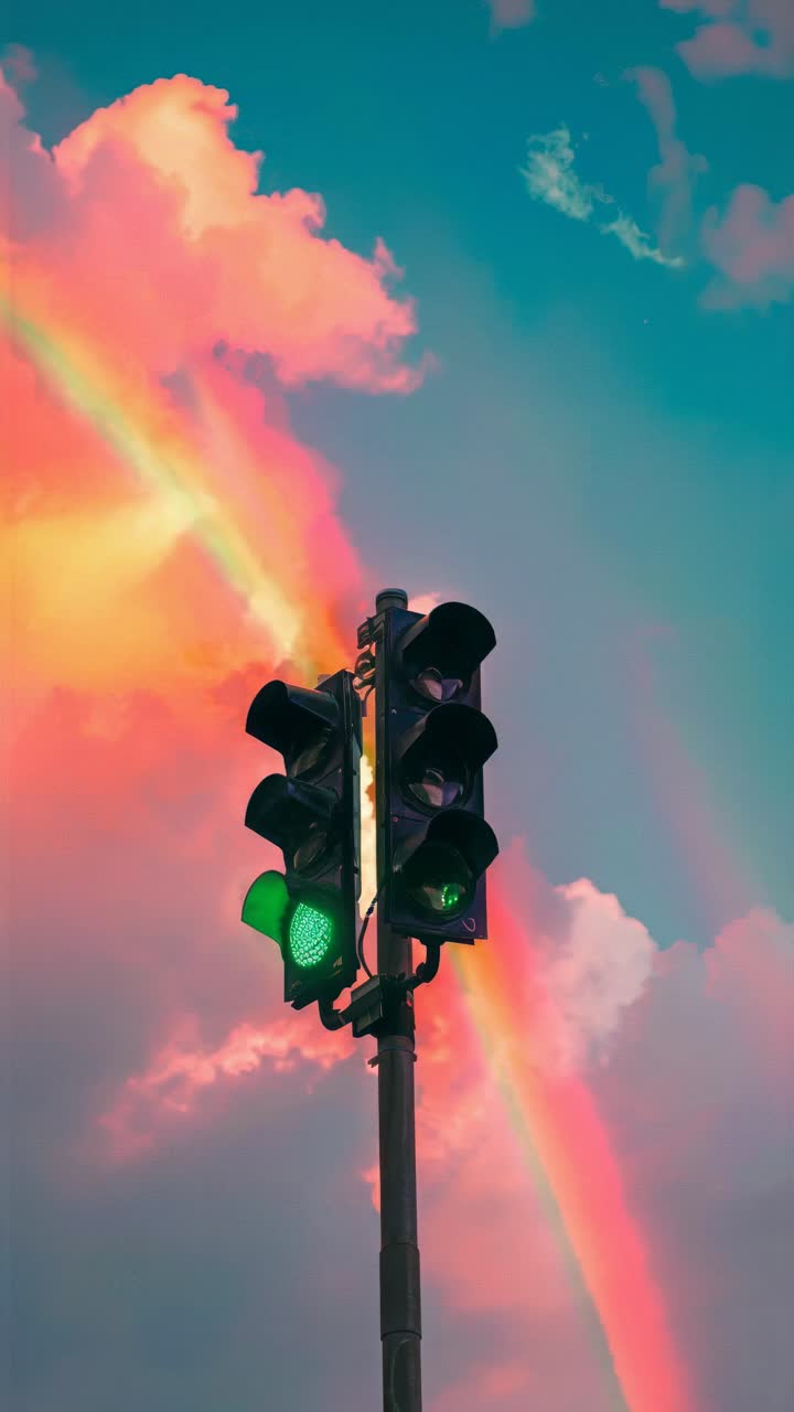 A vibrant traffic light against a colorful sky with a rainbow