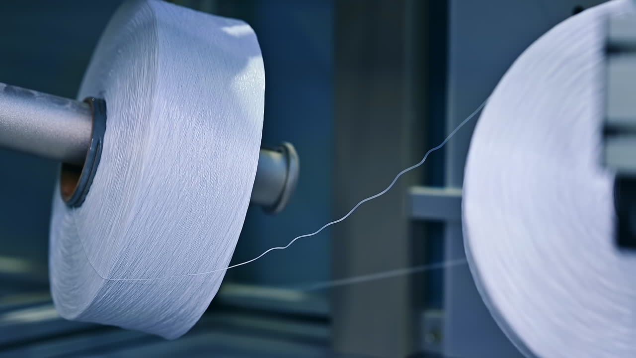 Big roll of cellulose for making pampers. Producing diapers machanism motion.