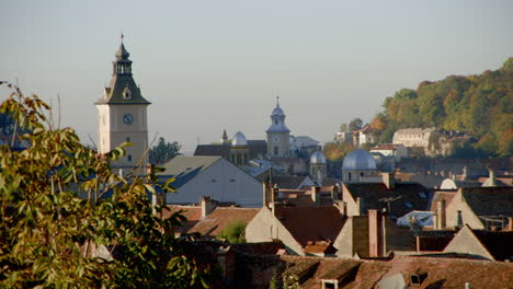 GOLDEN-HOUR-rooftops-in-Brasov-old-town,-Transylvania,-Romania