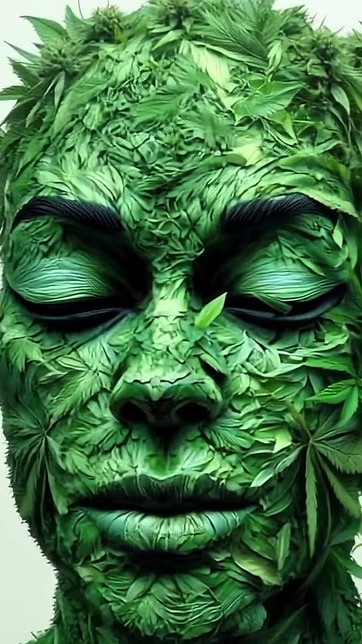 Nature's foliage-covered face. A face covered entirely in green leaves symbolizes harmony with nature and botanical art in a serene setting.