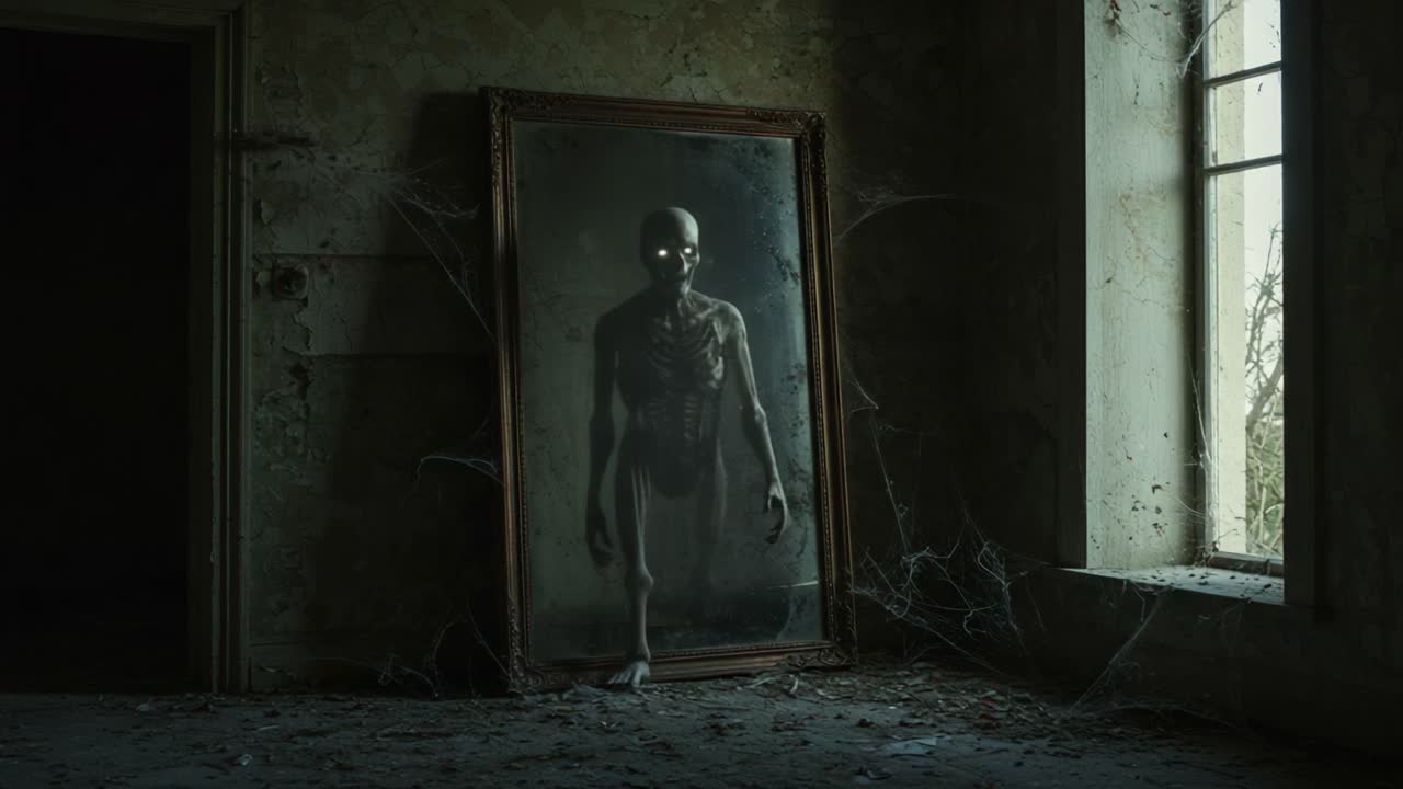 A haunting figure emerges from an eerie mirror in a shadowy, decaying room, capturing a chilling moment of fear and suspense as it steps into the light