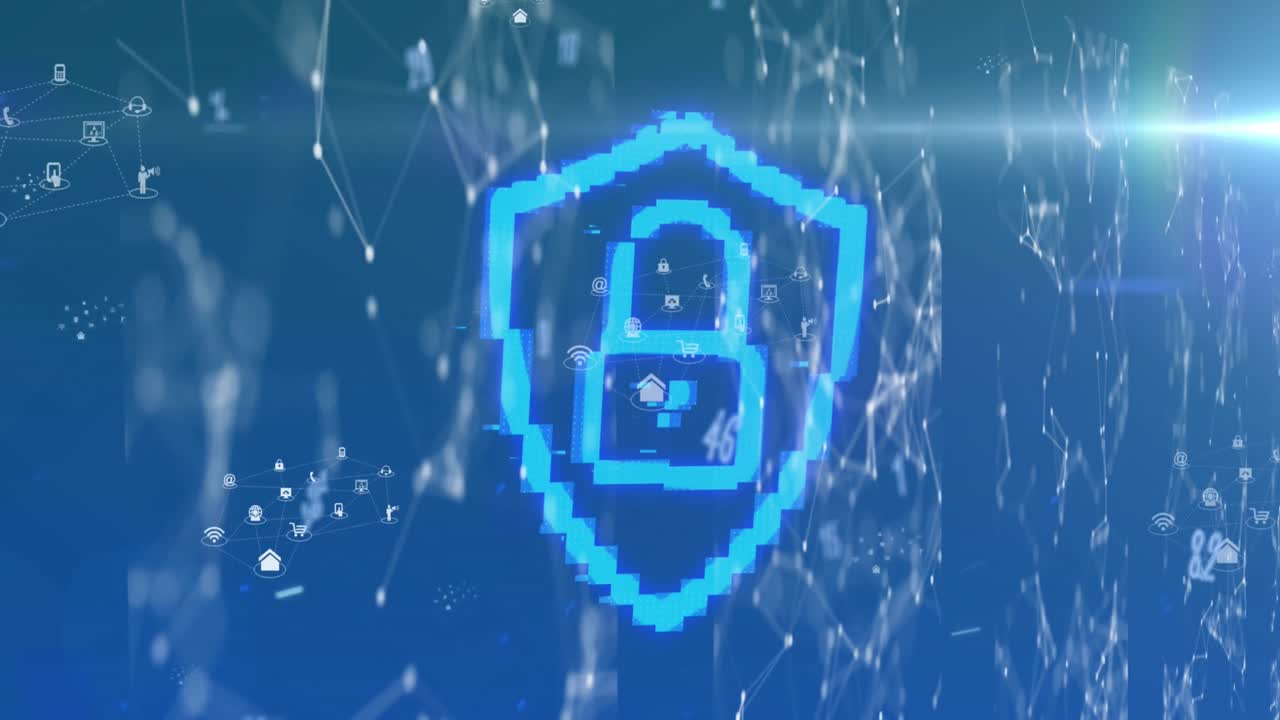 animación de un candado de seguridad en línea con redes de conexiones en segundo plano