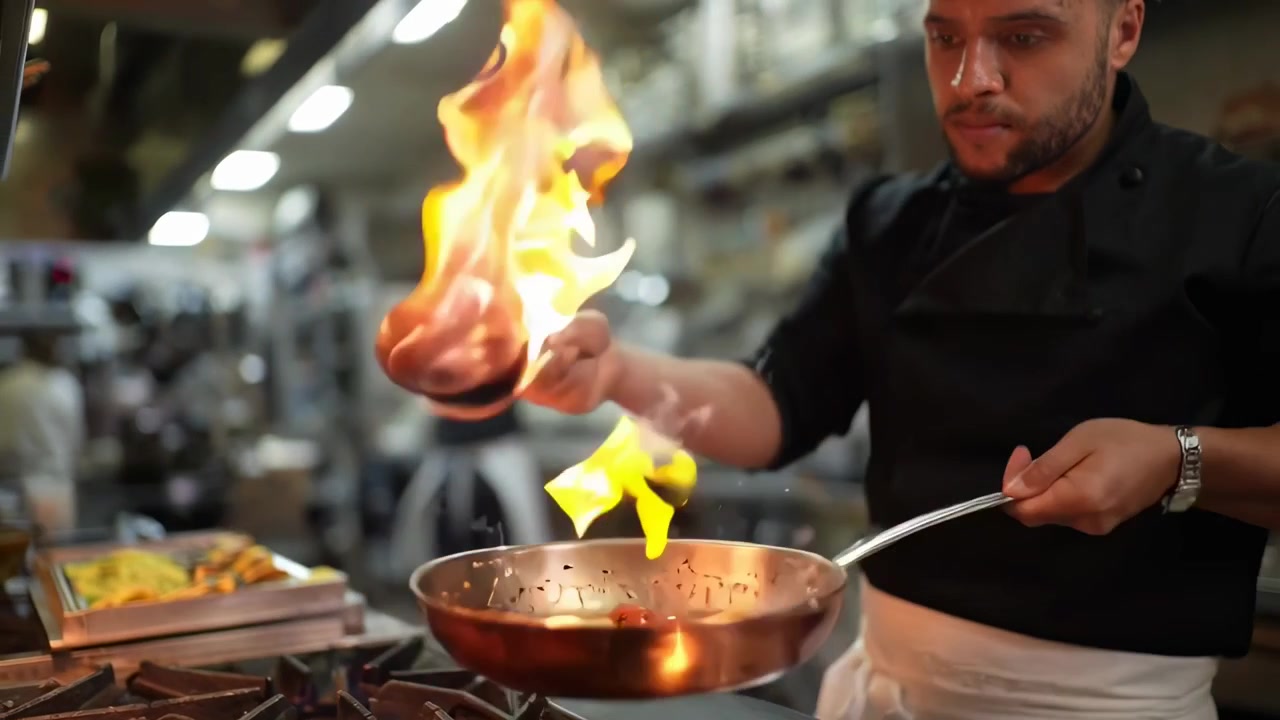 Professionel kok flamberer mad på en varm pande