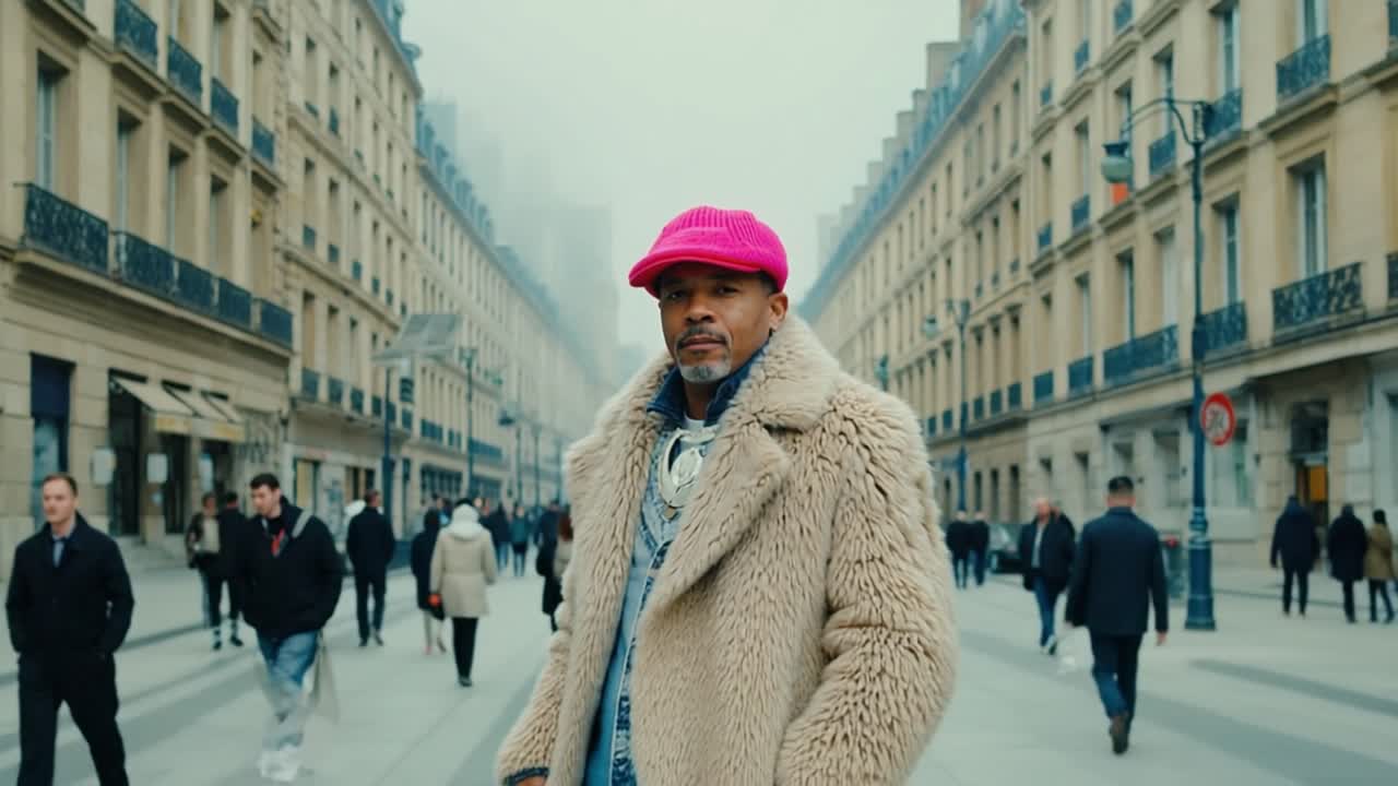 Confident, fashionable man wearing a pink hat and luxurious fur coat, strolling down a vibrant city street, embodying modern urban style and an air of self assured elegance