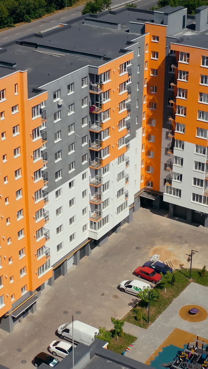 New urban houses aerial view. Huge modern exterior city apartments