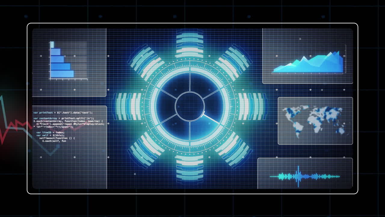 Displaying animation of futuristic data interface with graphs and digital code