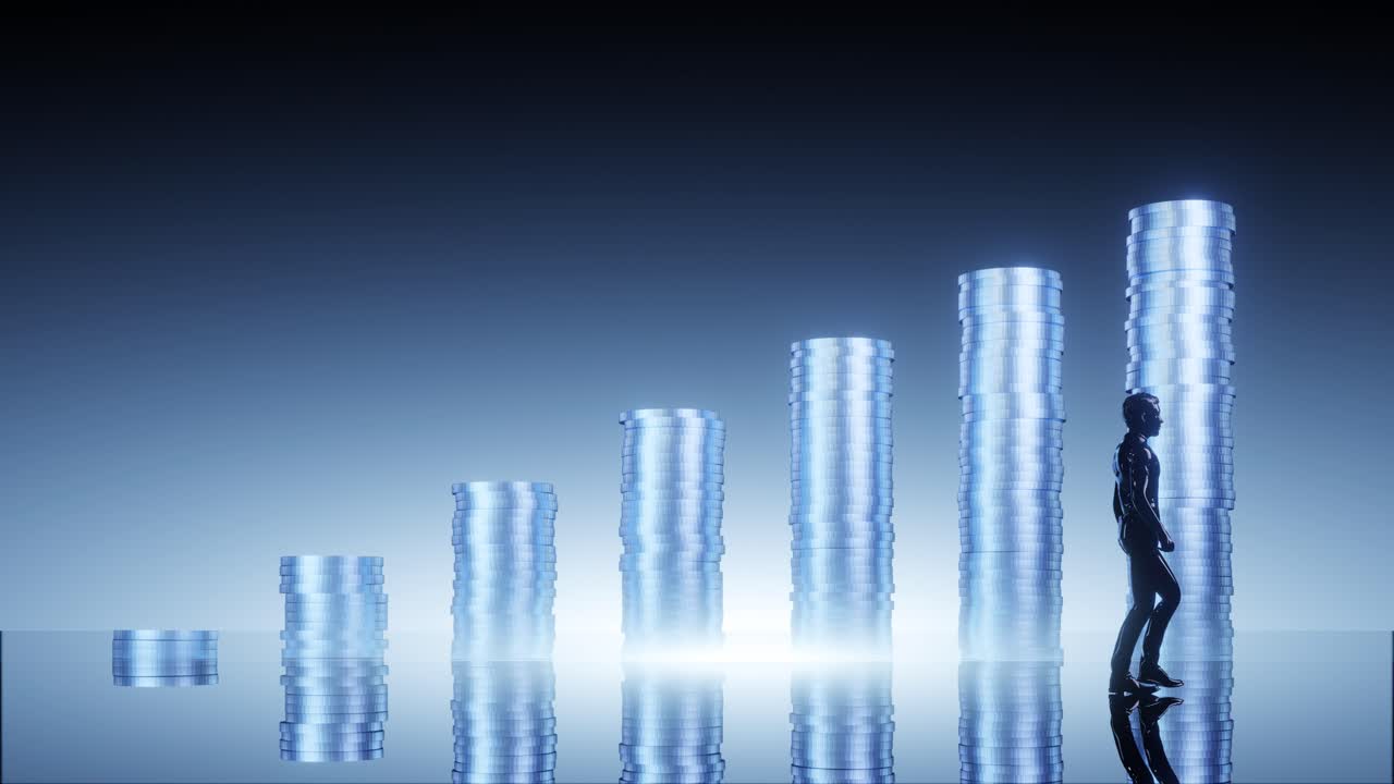 silhouette man walk pass graph and rows of money coins, blue background clean minimal