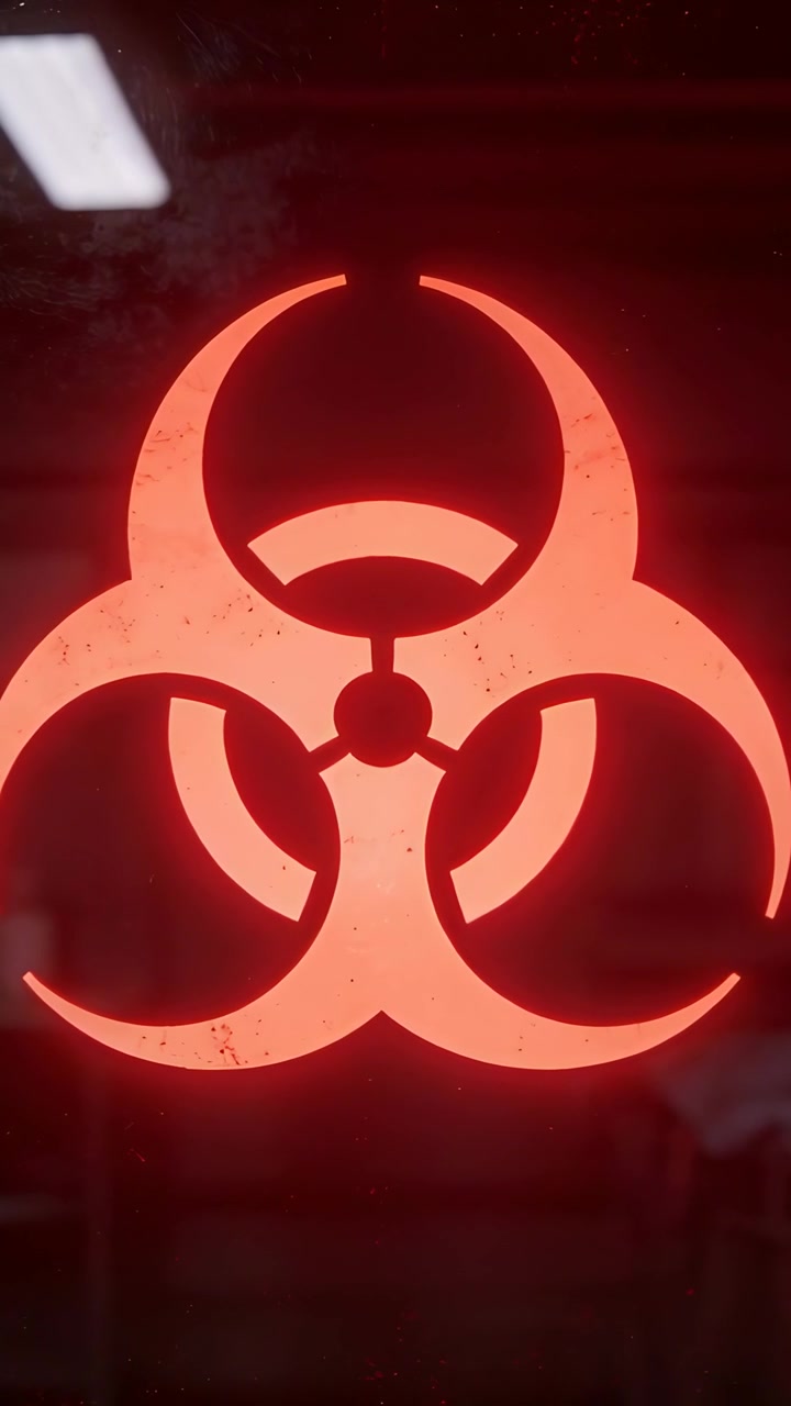 Vertical video: Moving camera zooming on red biohazard decal on clear panel in lab, showing grain