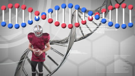 animación de procesamiento de datos y cadena de adn sobre un jugador de fútbol americano caucásico