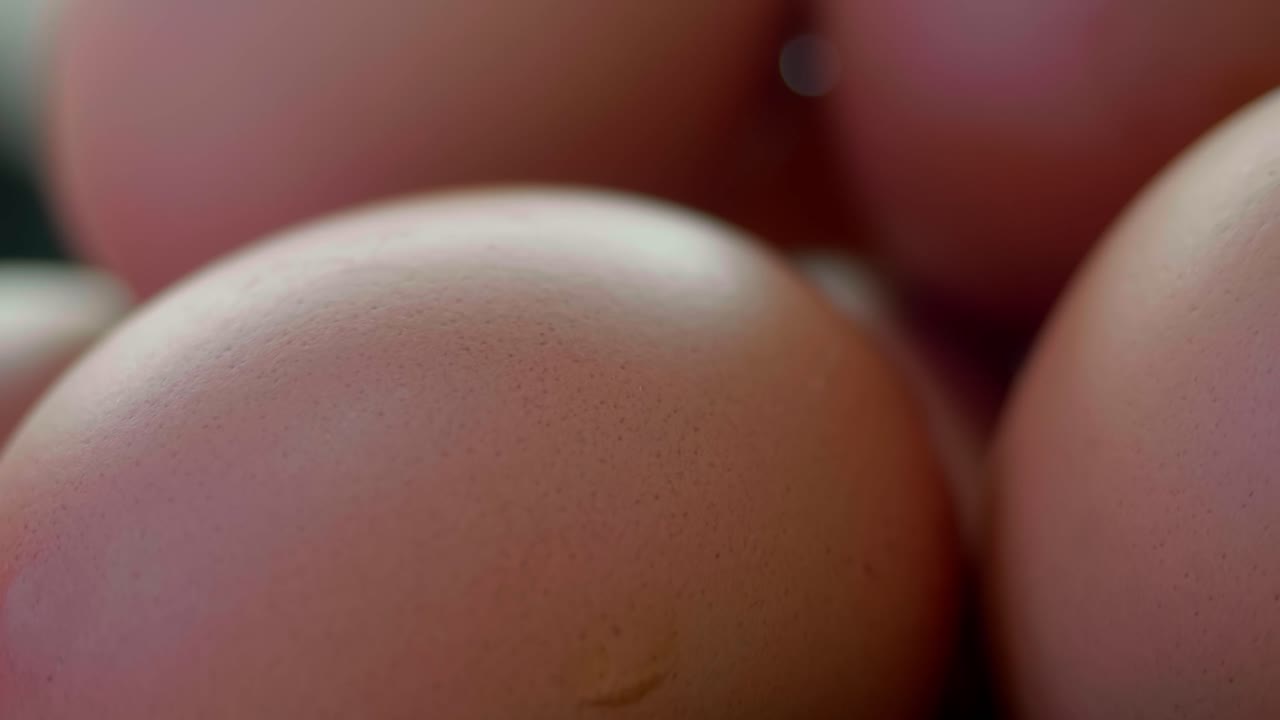 Brown eggs are stacked together in a dark container, with one egg prominently featured in the foreground