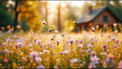 bees in a field of flowers at sunrise