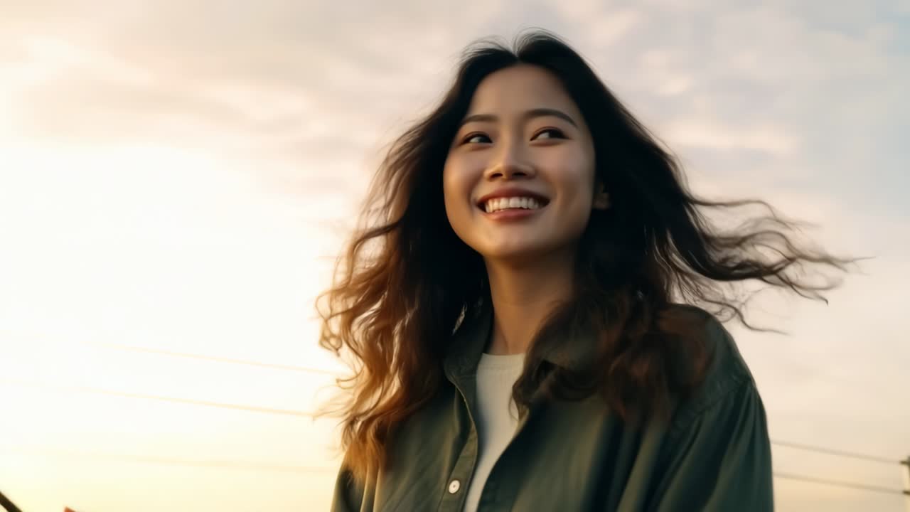 A young woman smiles while looking at her phone, captured in a close-up angle
