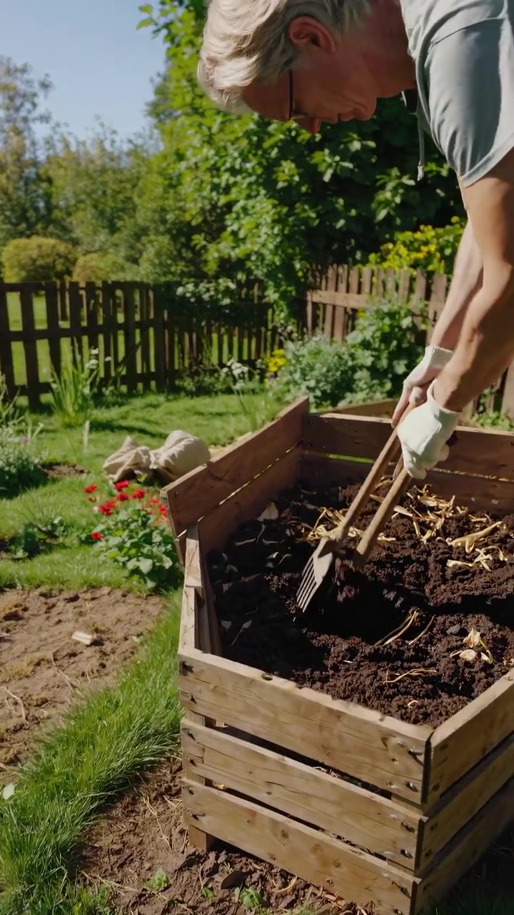 Gardener Turning Compost in a Wooden Bin