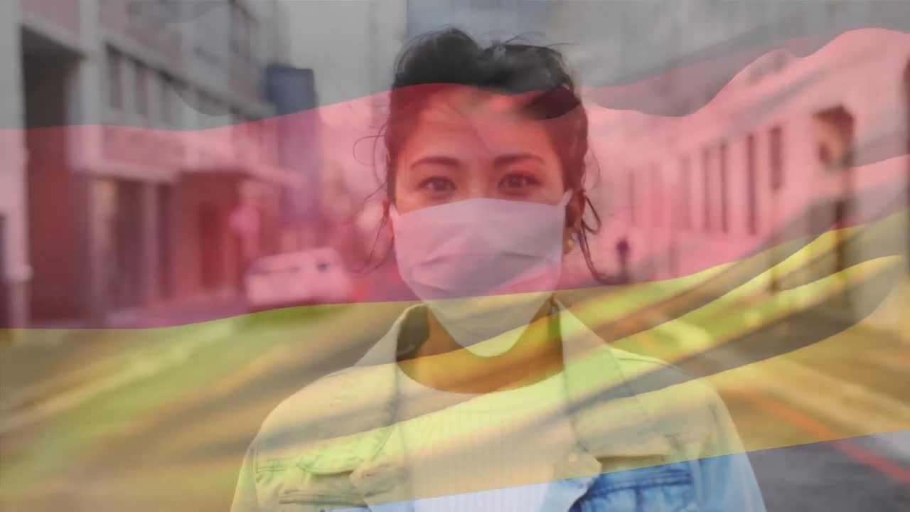 animación de la bandera de alemania ondeando sobre una mujer con máscaras faciales
