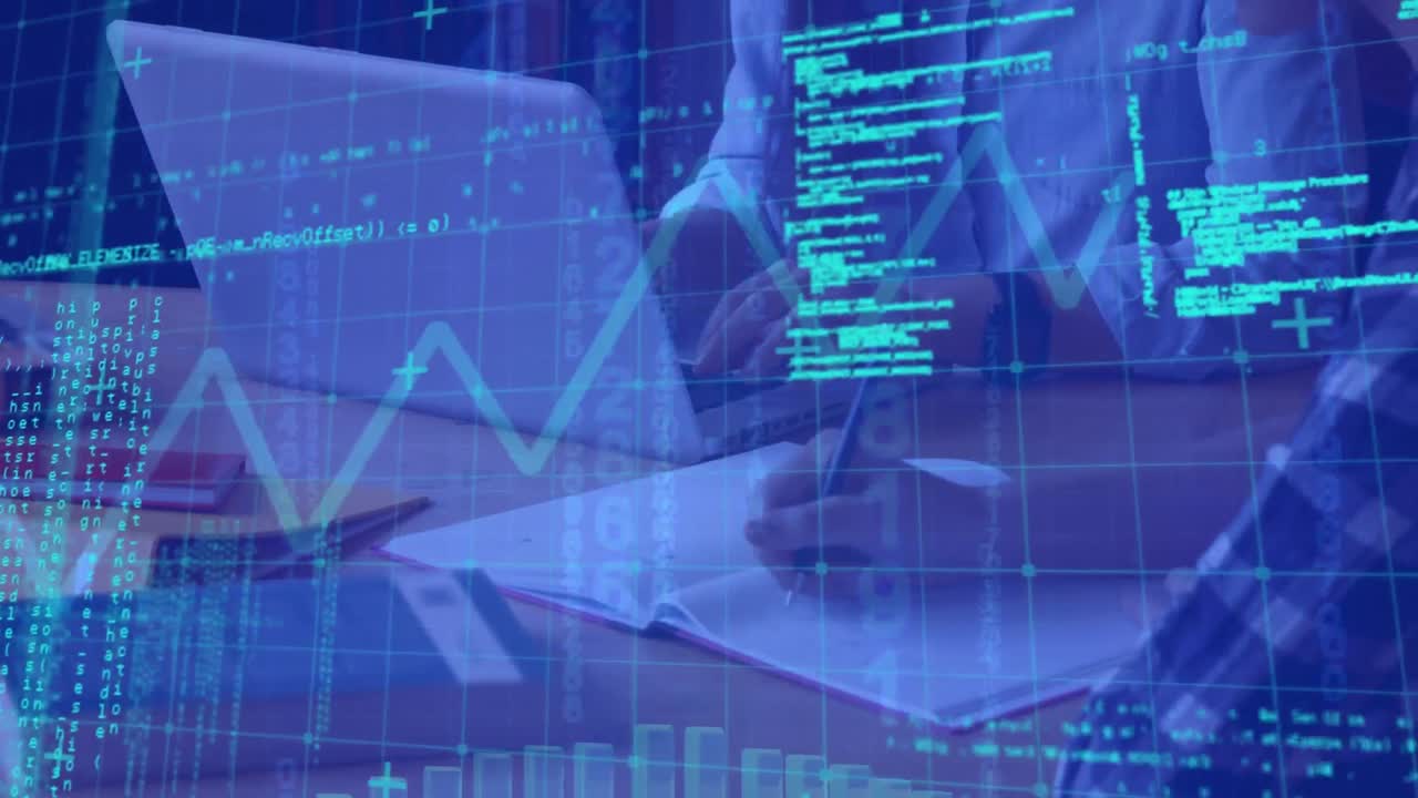 animación de registro de estadísticas y procesamiento de datos sobre el hombre usando computadora portátil en la oficina