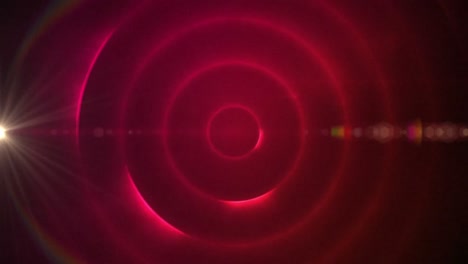 Digital animation of spot of light and lens flare against spiral light trails on red background