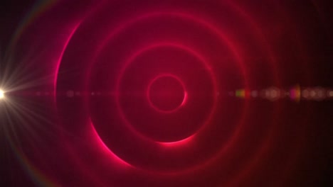 digital animation of spot of light and lens flare against spiral light trails on red background