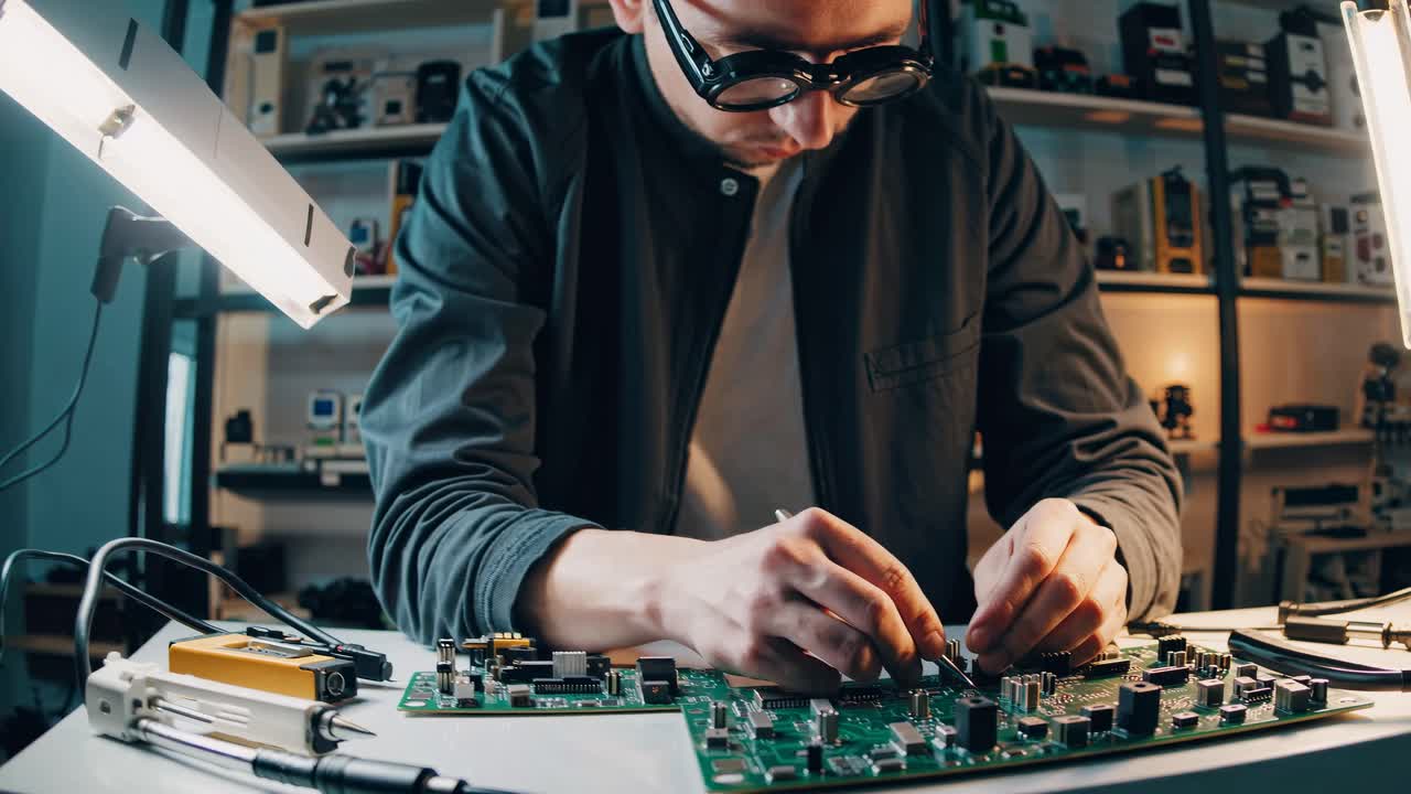 A focused technician works on a circuit board, captured from a low-angle