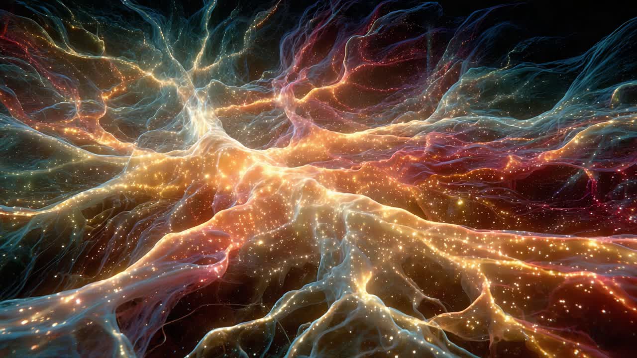 Uma visualização impressionante de redes cósmicas complexas, revelando a beleza do fluxo de energia através do éter colorido e de partículas luminosas em um vasto universo