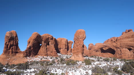 arches national park, sandstone rock formation on winter season, panorama