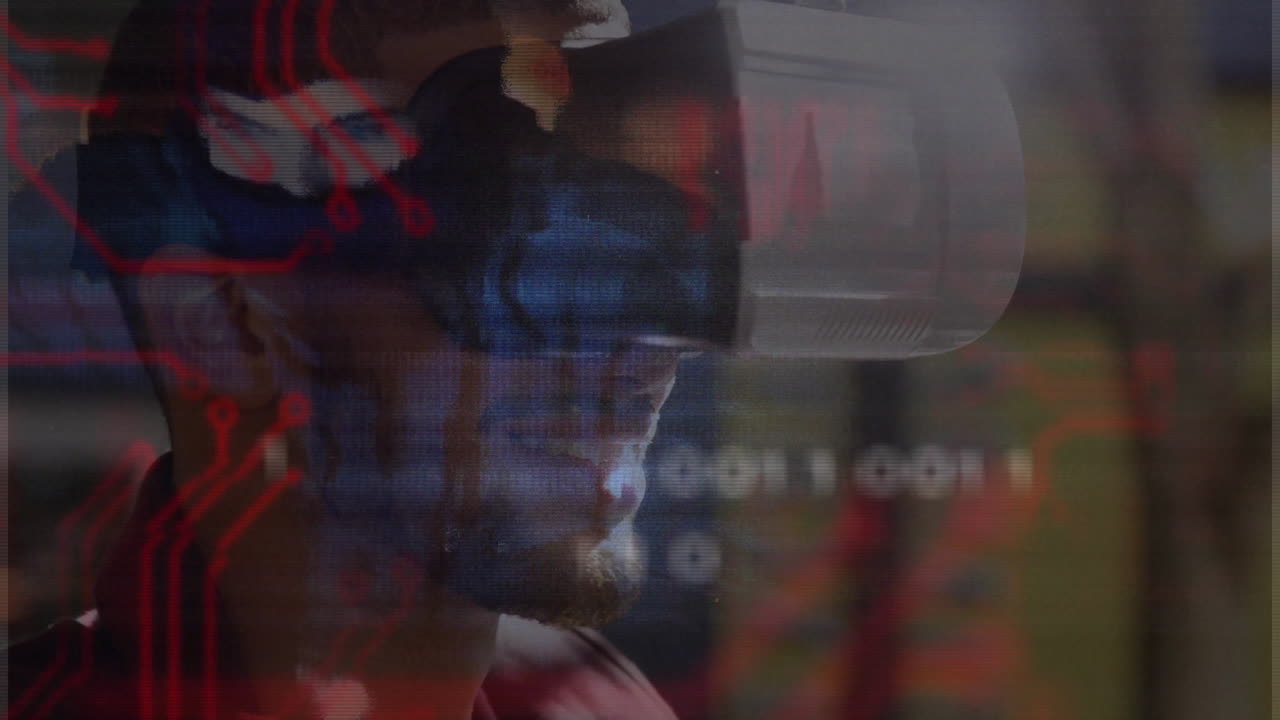 Man wearing VR headset exploring tech office, displaying floating circuit board and code visuals
