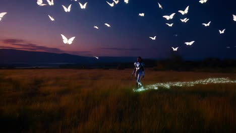 una mujer en armadura caminando por un campo al atardecer con mariposas brillantes