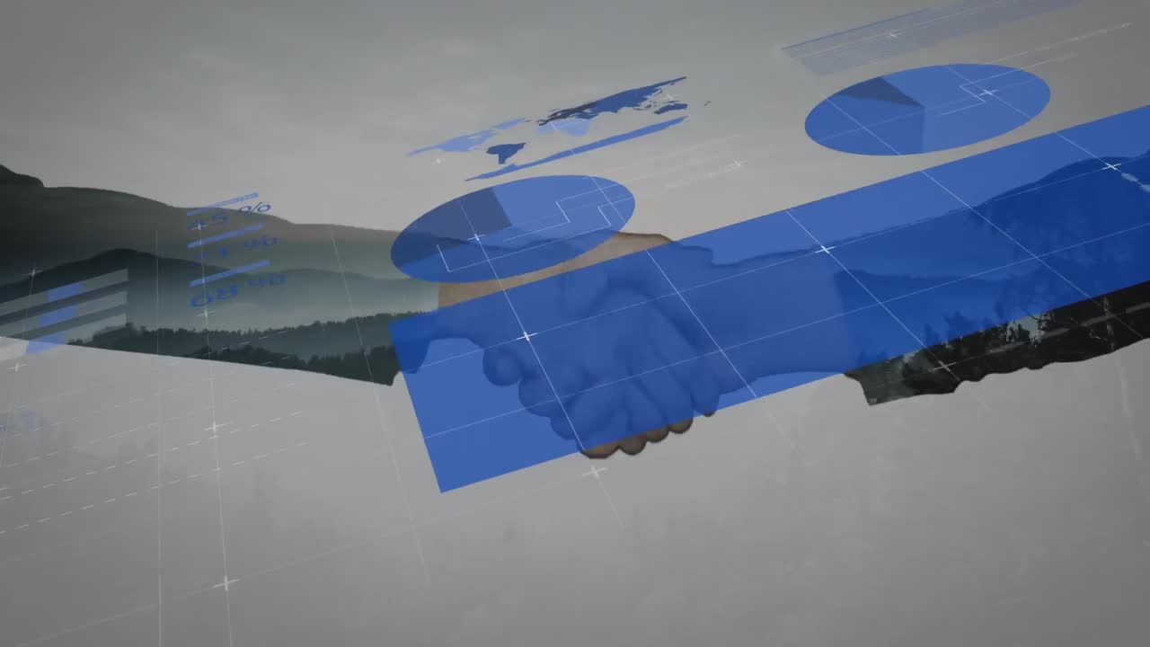 Animation of statistics and data processing over businessman handshake