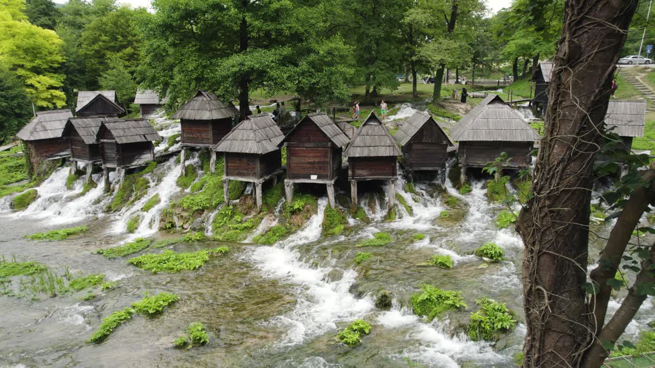 Historic Watermills on Jajce's River, Aerial in Bosnia and Herzegovina