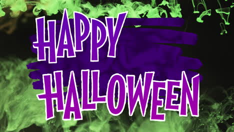 animation of happy halloween text over green and purple background