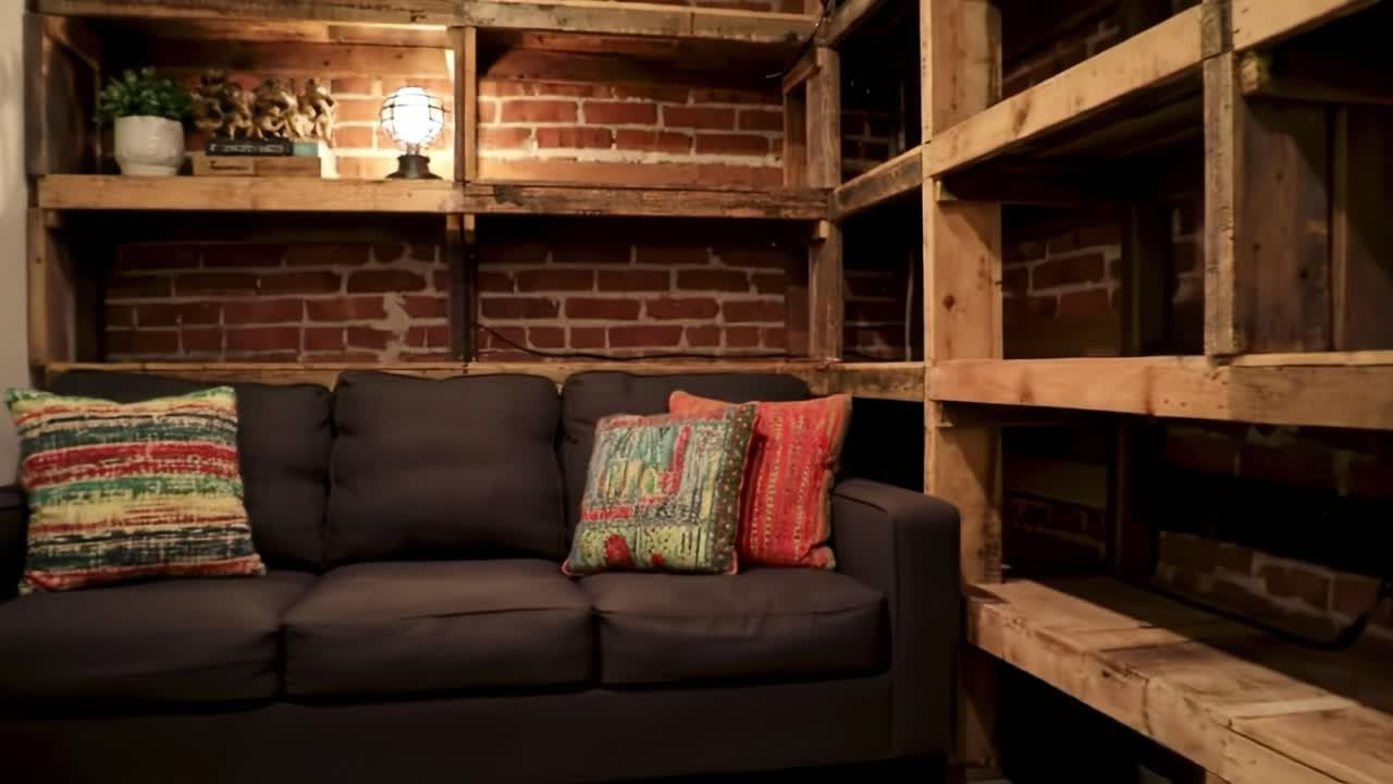 Cozy and Inviting Living Space: A Well-Designed Room Featuring a Comfortable Couch with Colorful Pillows Against a Stylish Brick Wall and Rustic Shelves