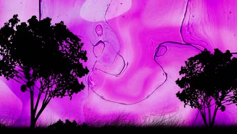 Animation-Von-Baumsilhouetten-Auf-Welligem-Violettem-Hintergrund