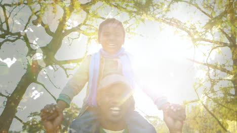 animación del follaje sobre un feliz padre y hijo afroamericanos divirtiéndose al aire libre