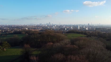 Drohnenschuss,-Der-über-Bäume-Im-Stadtpark-Fliegt,-Um-Die-Skyline-Der-Stadt-Zu-Enthüllen