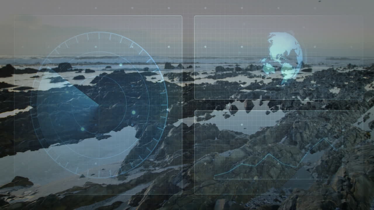 Digital interface with globe and radar animation over rocky coastal landscape