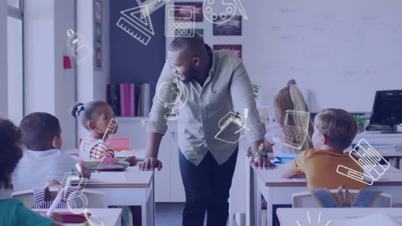 Animation of school icons over diverse schoolchildren and male teacher in classroom