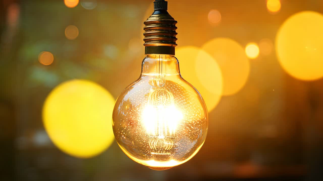 A light bulb hanging from a ceiling with a warm glow. The light bulb is surrounded by darkness, creating a sense of mystery and intrigue