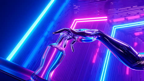 futuristic robotic arm holding glowing neon bottle