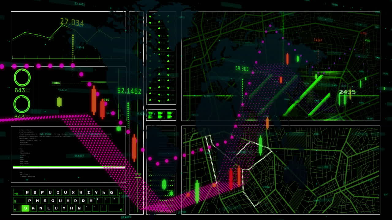 어두운 배경에서 그리드 상에서 금융 데이터 처리의 애니메이션
